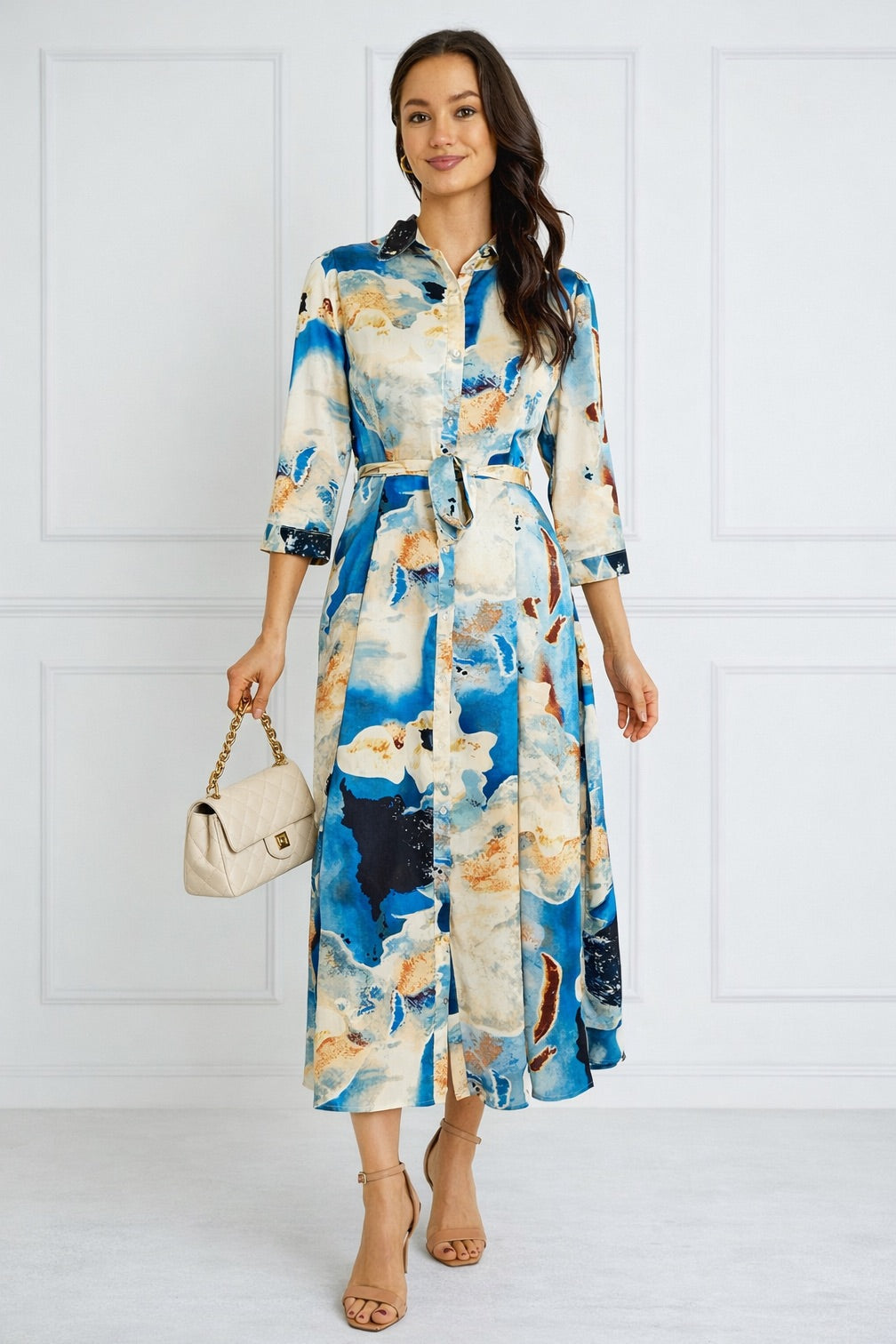 8Pcs Blue Watercolor Print Satin Maxi Shirt Dress