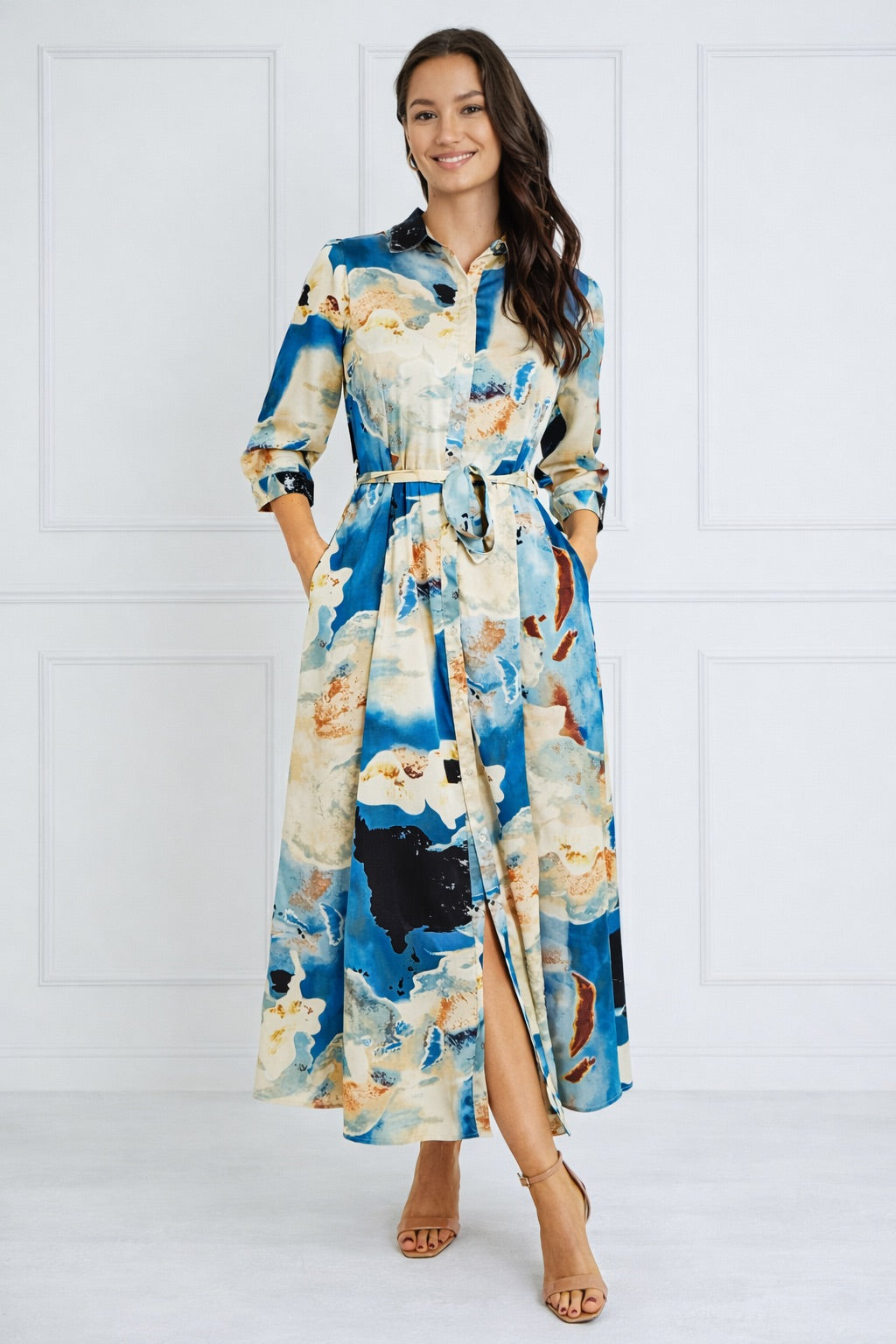 8Pcs Blue Watercolor Print Satin Maxi Shirt Dress