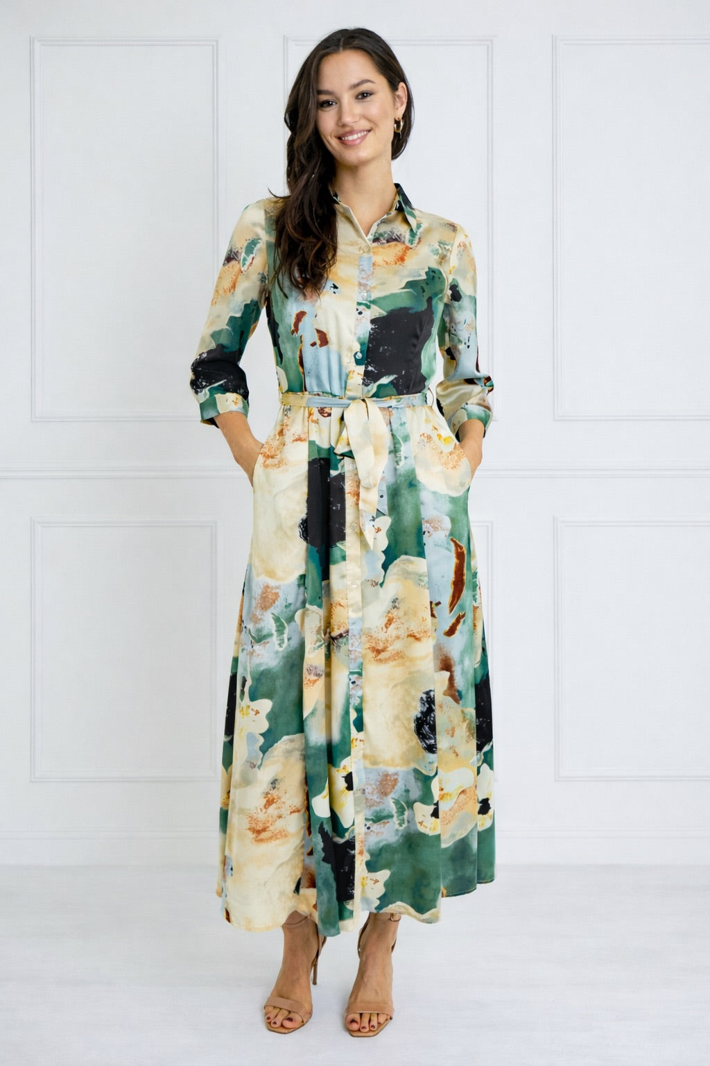 8Pcs Green Watercolor Print Satin Maxi Shirt Dress