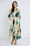 8Pcs Green Watercolor Print Satin Maxi Shirt Dress