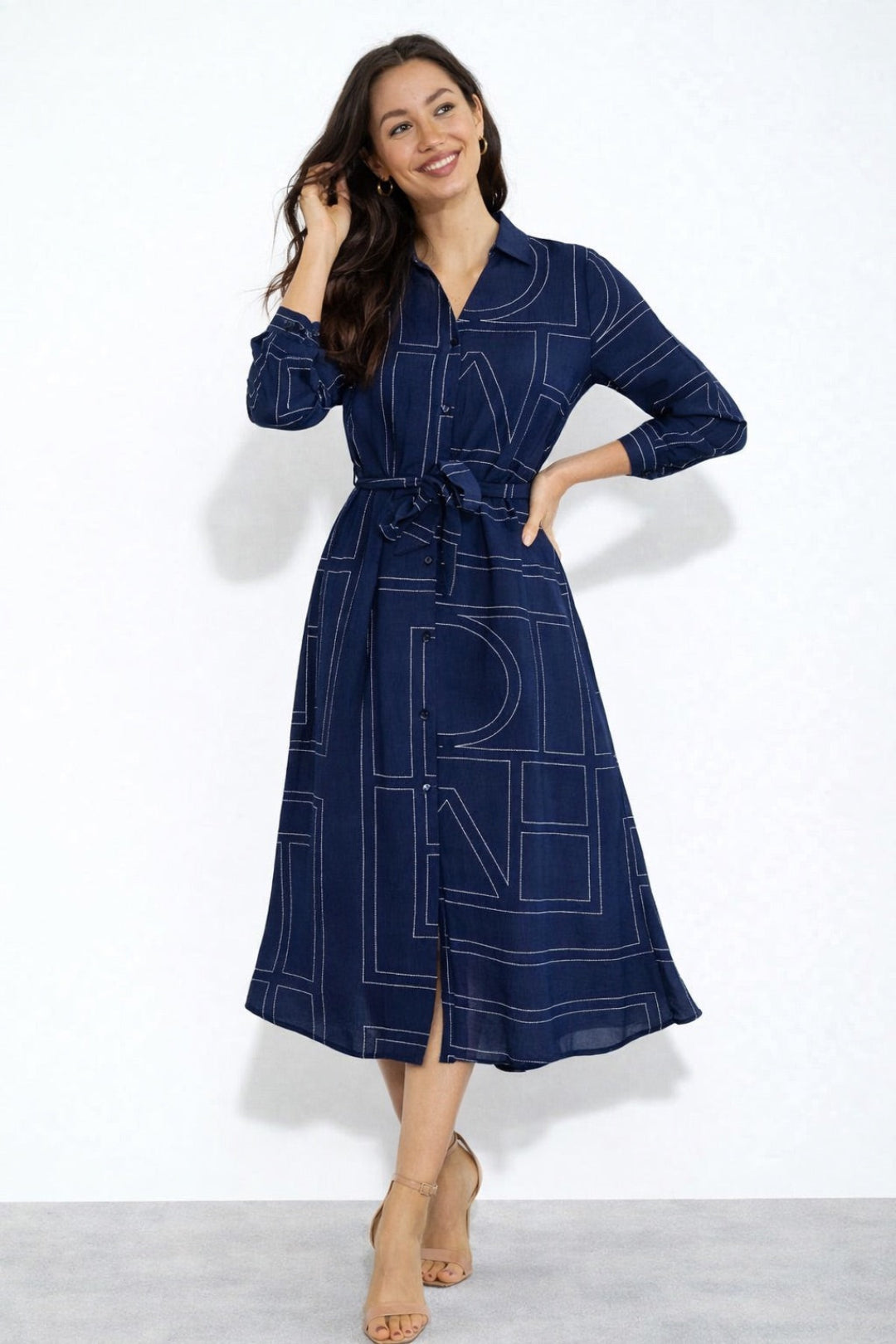 8Pcs Navy Modern Line Print Belted Shirt Dress