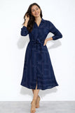 8Pcs Navy Modern Line Print Belted Shirt Dress