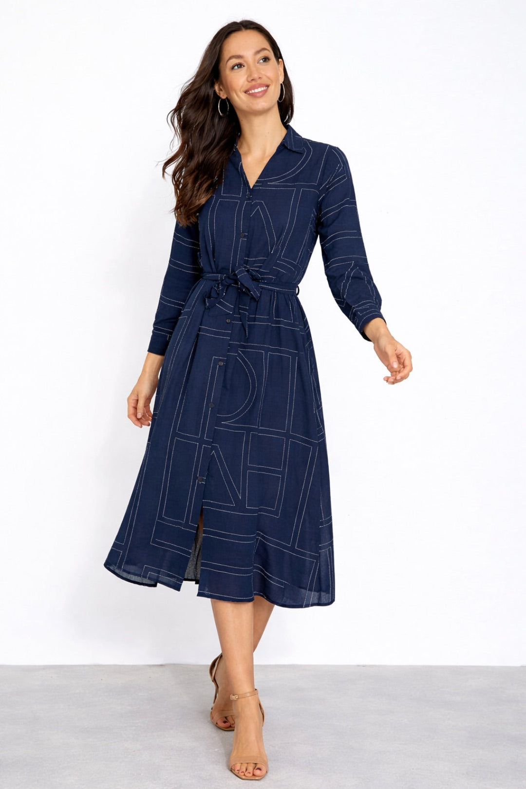 8Pcs Navy Modern Line Print Belted Shirt Dress