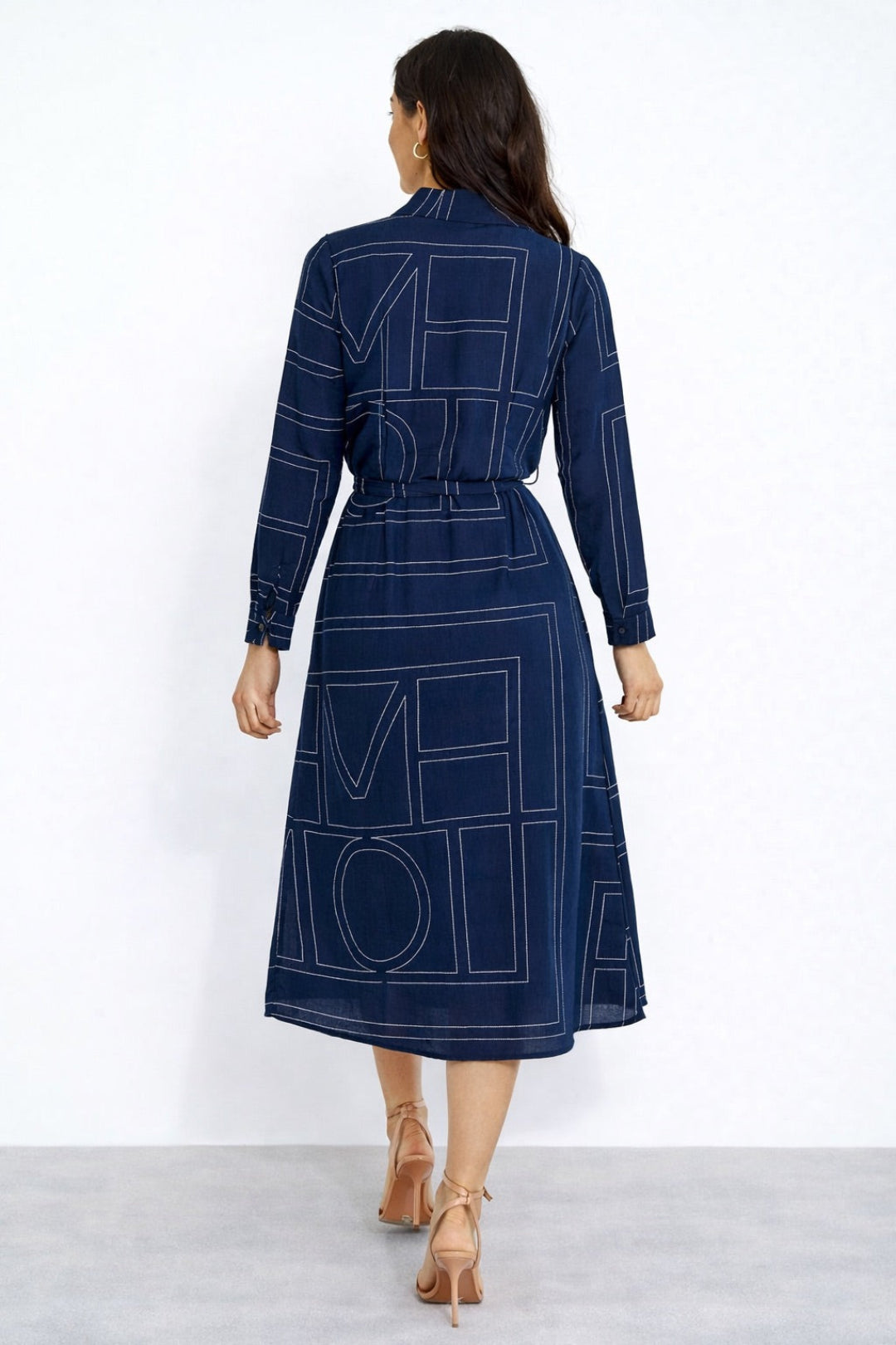 8Pcs Navy Modern Line Print Belted Shirt Dress