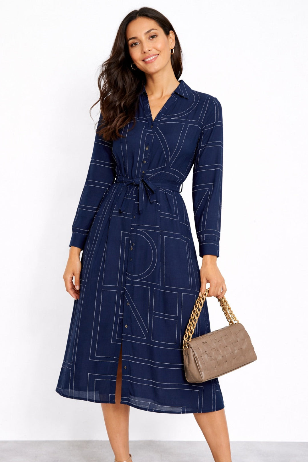 8Pcs Navy Modern Line Print Belted Shirt Dress