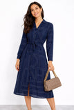 8Pcs Navy Modern Line Print Belted Shirt Dress