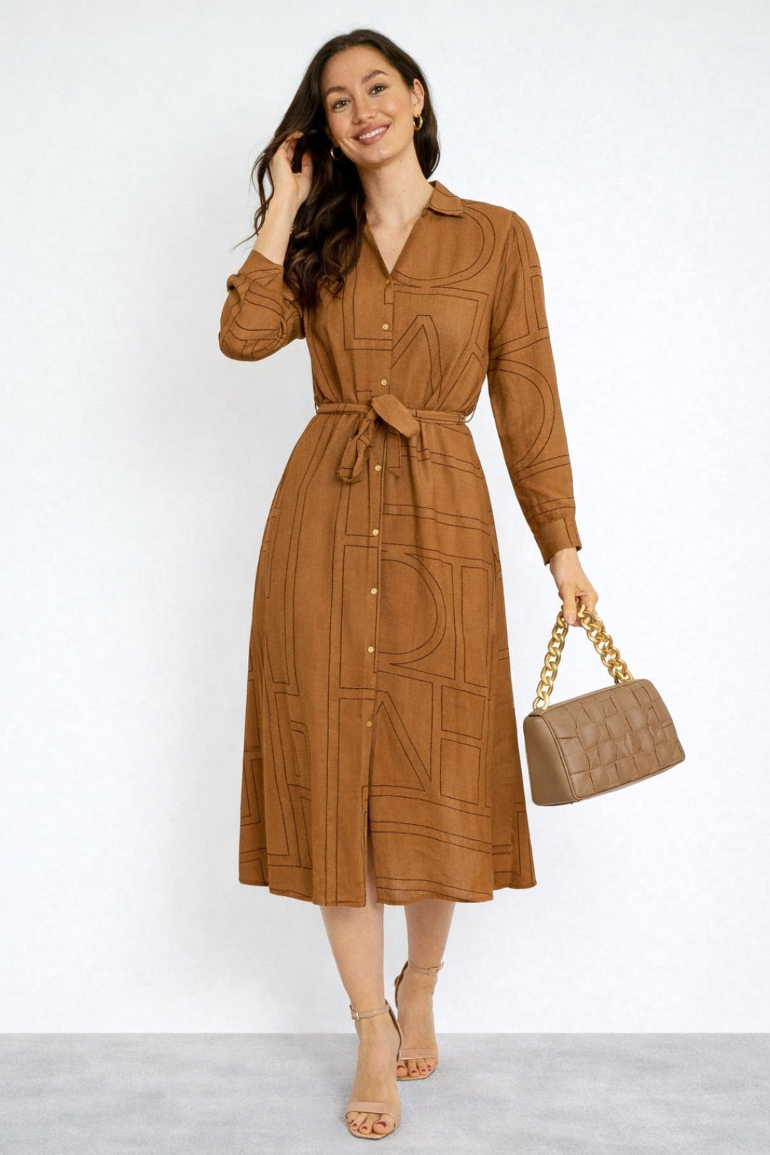 8Pcs Tan Modern Line Print Belted Shirt Dress