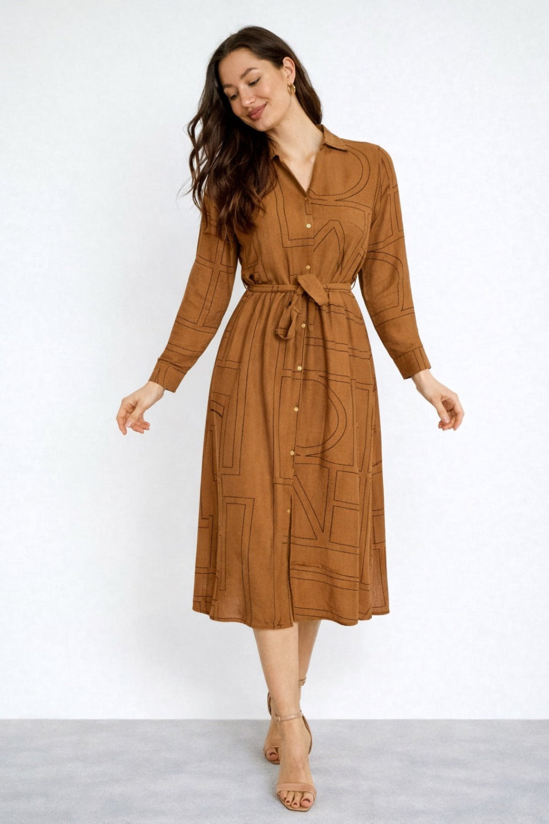 8Pcs Tan Modern Line Print Belted Shirt Dress