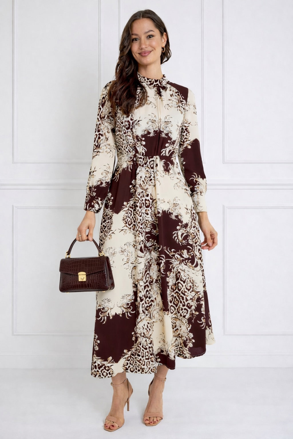8Pcs Burgundy and Cream Baroque Print Pleated Skirt Maxi Dress