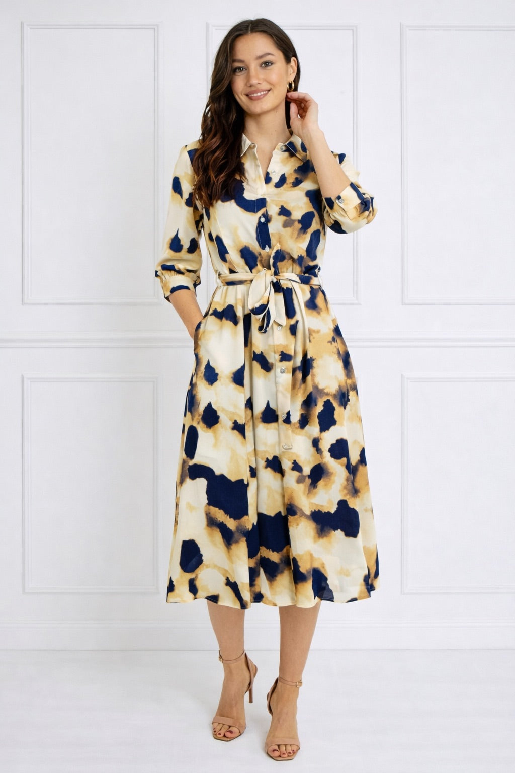 8Pcs Ink Wash Print Belted Midi Shirt Dress