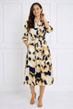 8Pcs Ink Wash Print Belted Midi Shirt Dress