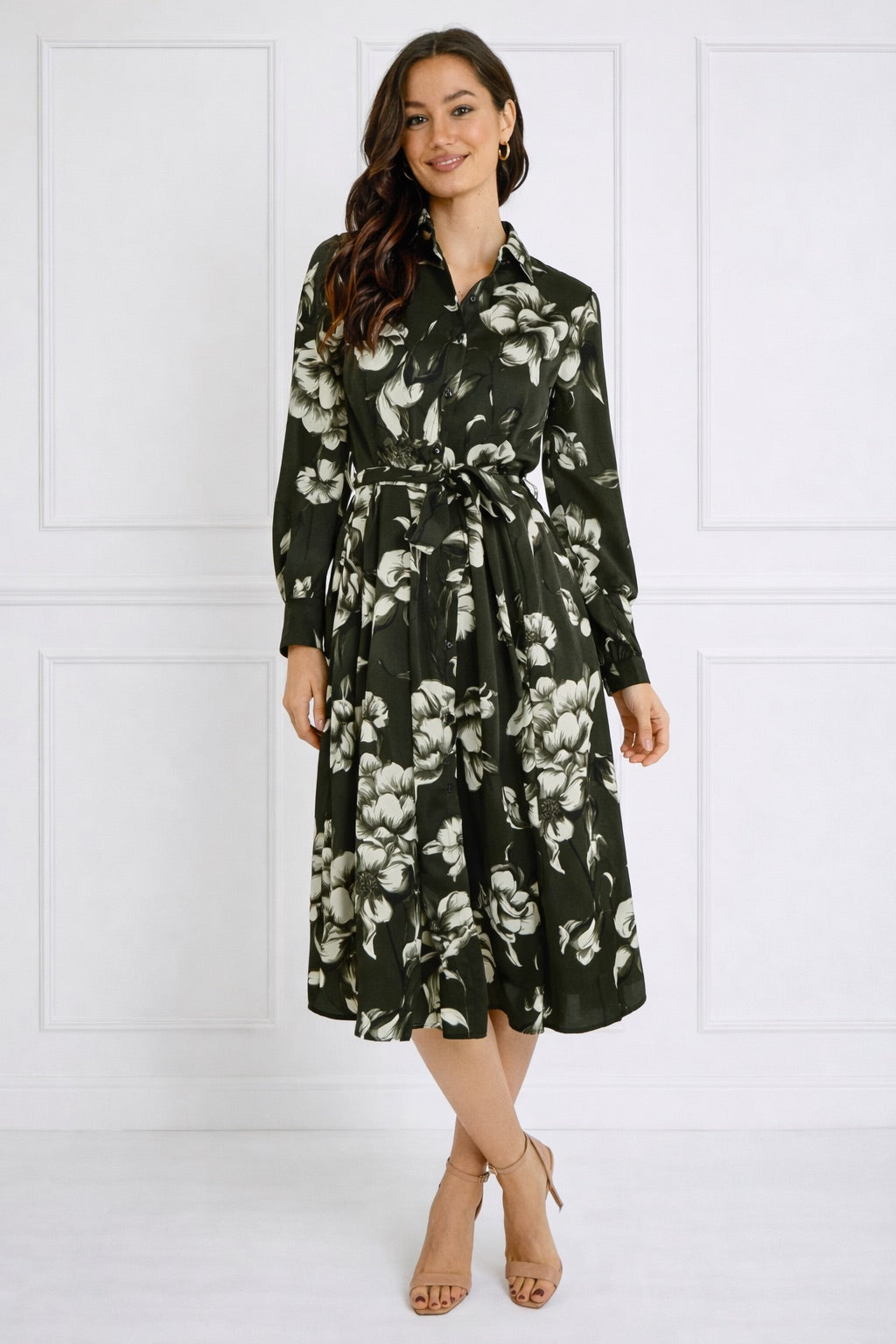 8Pcs Green Botanical Print Belted Midi Shirt Dress