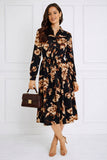 8Pcs Navy Botanical Print Belted Midi Shirt Dress