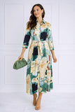 8Pcs Green Watercolor Print Satin Maxi Shirt Dress