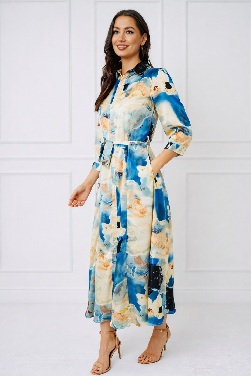 8Pcs Blue Watercolor Print Satin Maxi Shirt Dress