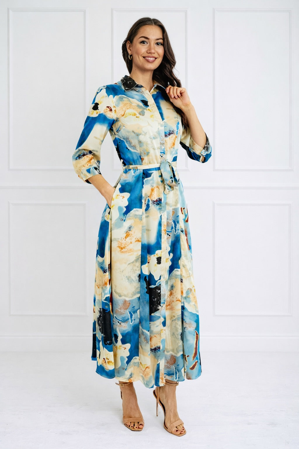 8Pcs Blue Watercolor Print Satin Maxi Shirt Dress