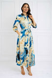 8Pcs Blue Watercolor Print Satin Maxi Shirt Dress