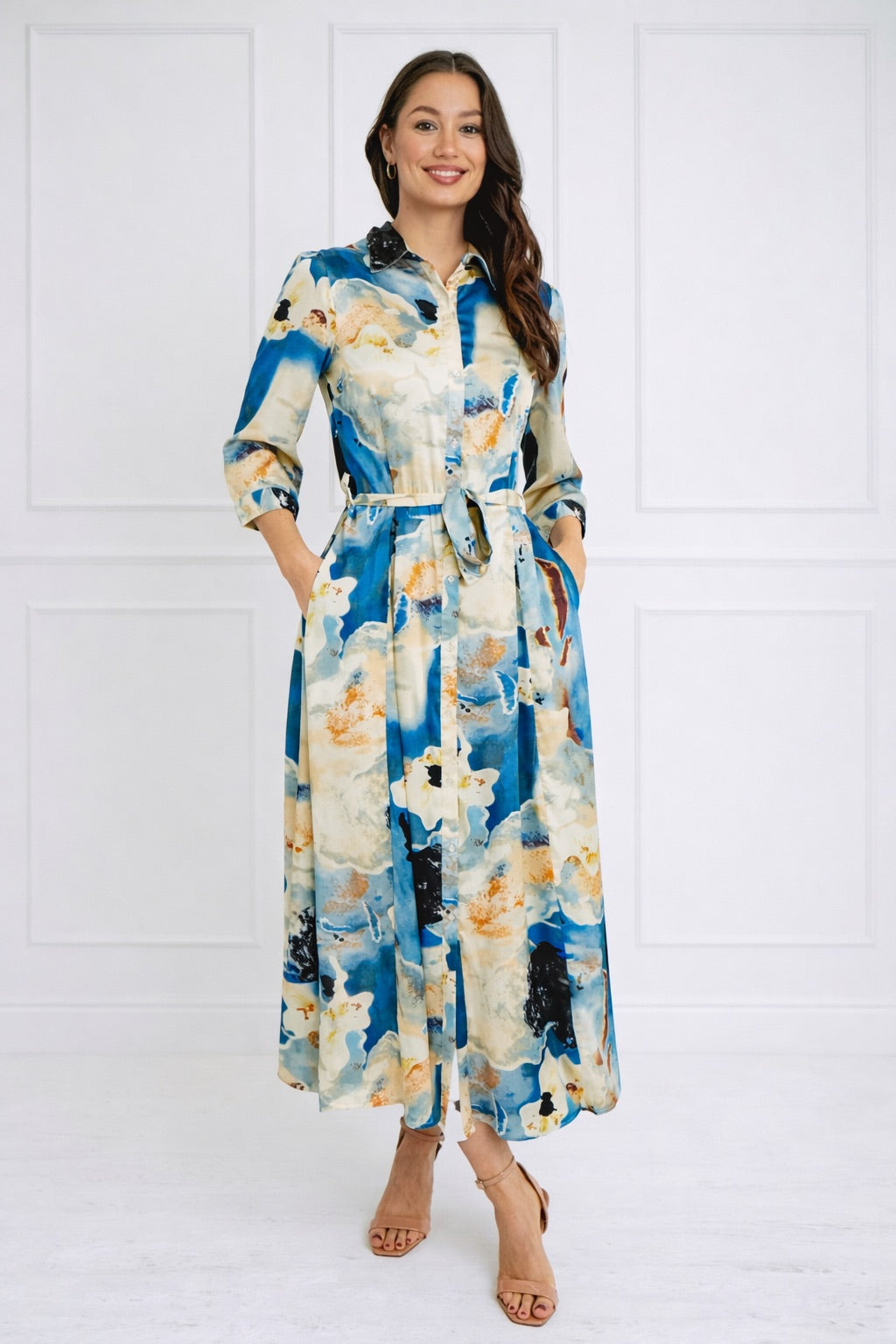 8Pcs Blue Watercolor Print Satin Maxi Shirt Dress