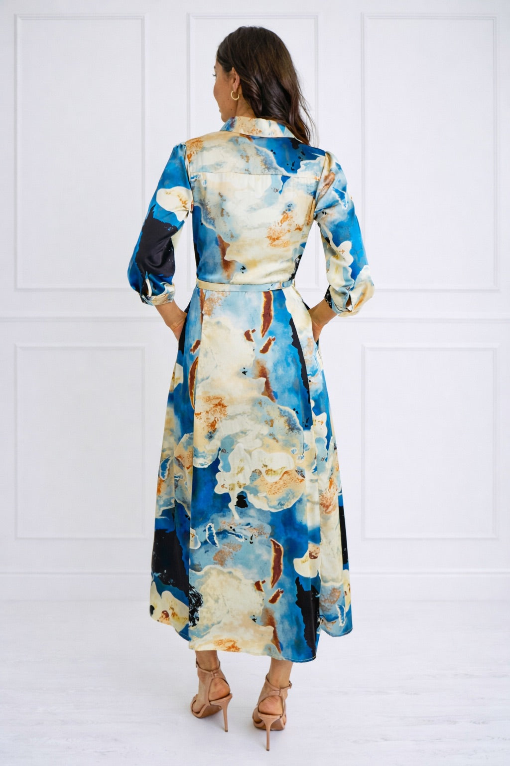 8Pcs Blue Watercolor Print Satin Maxi Shirt Dress