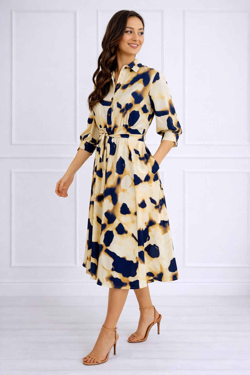 8Pcs Ink Wash Print Belted Midi Shirt Dress