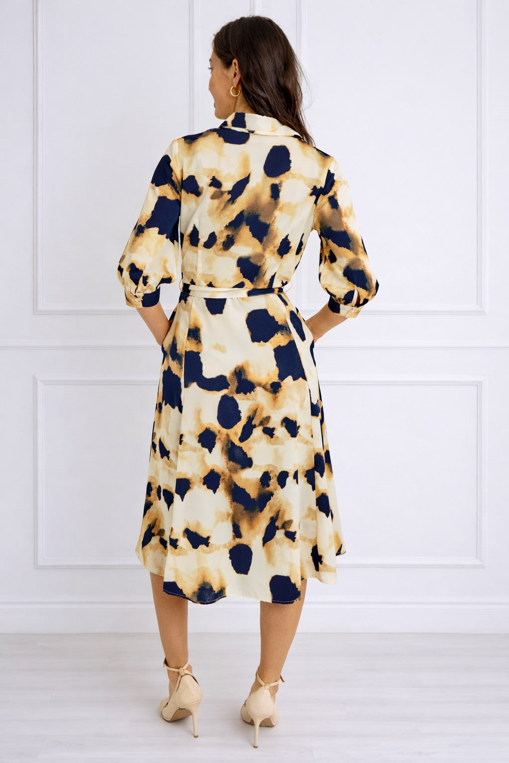 8Pcs Ink Wash Print Belted Midi Shirt Dress