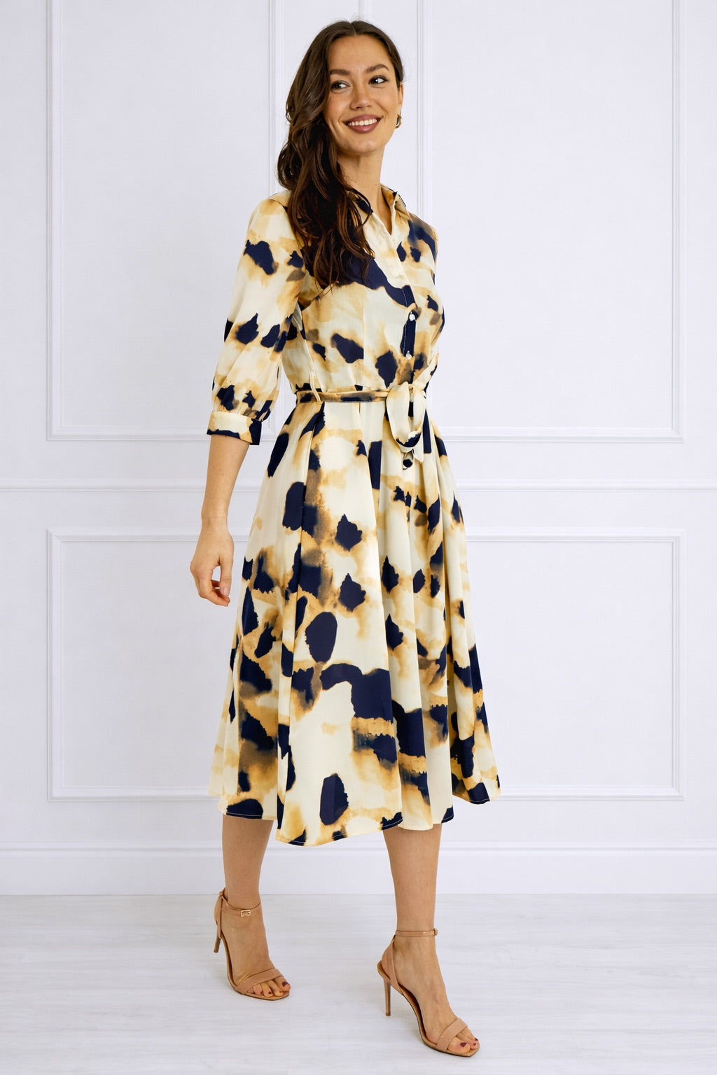 8Pcs Ink Wash Print Belted Midi Shirt Dress