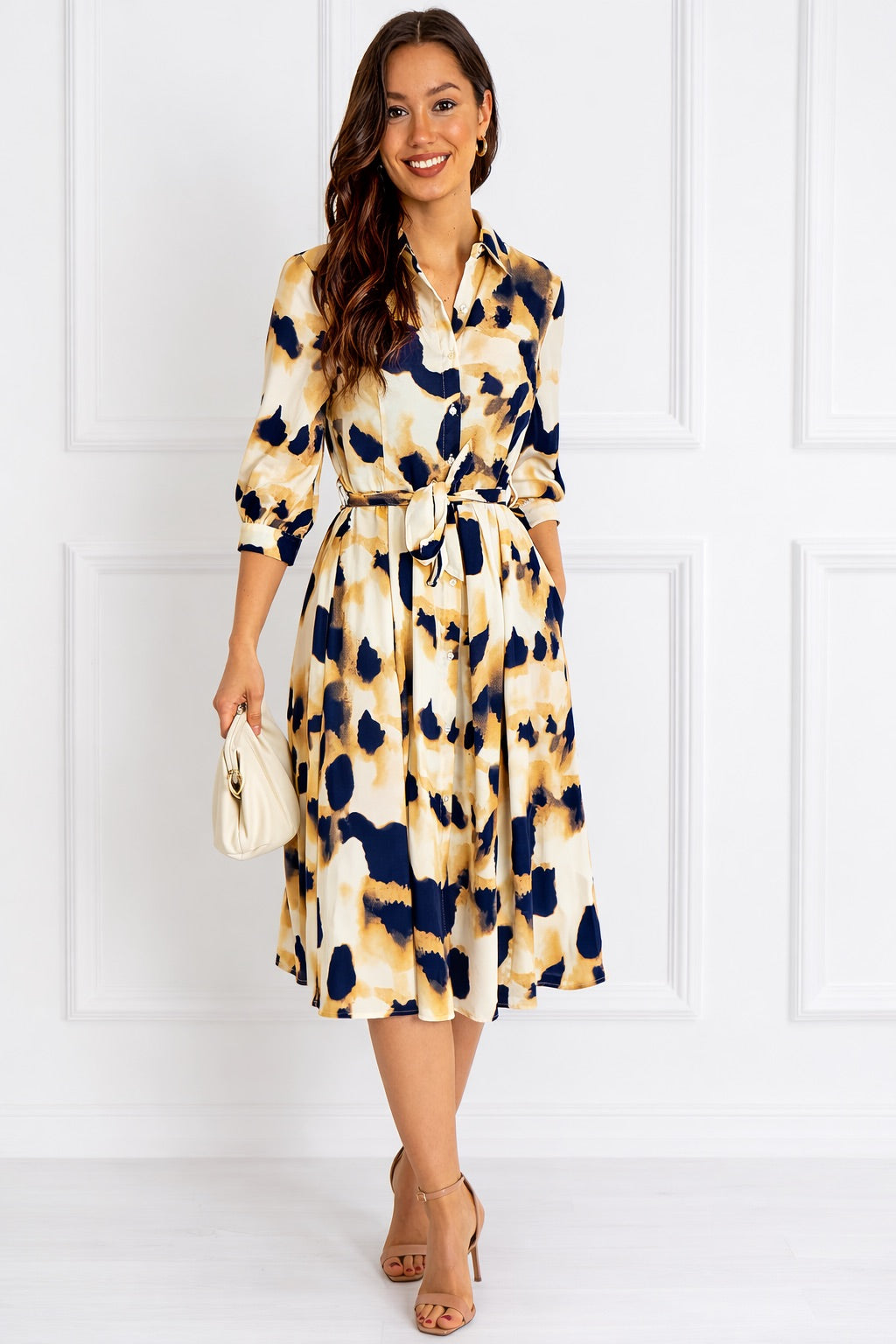 8Pcs Ink Wash Print Belted Midi Shirt Dress