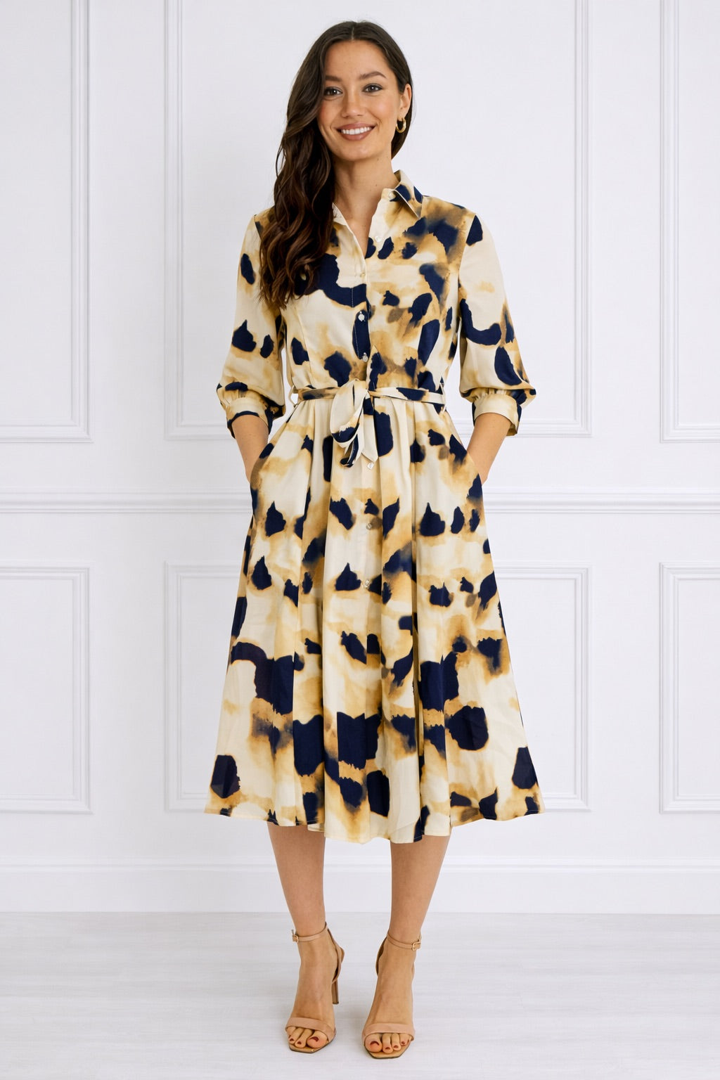 8Pcs Ink Wash Print Belted Midi Shirt Dress