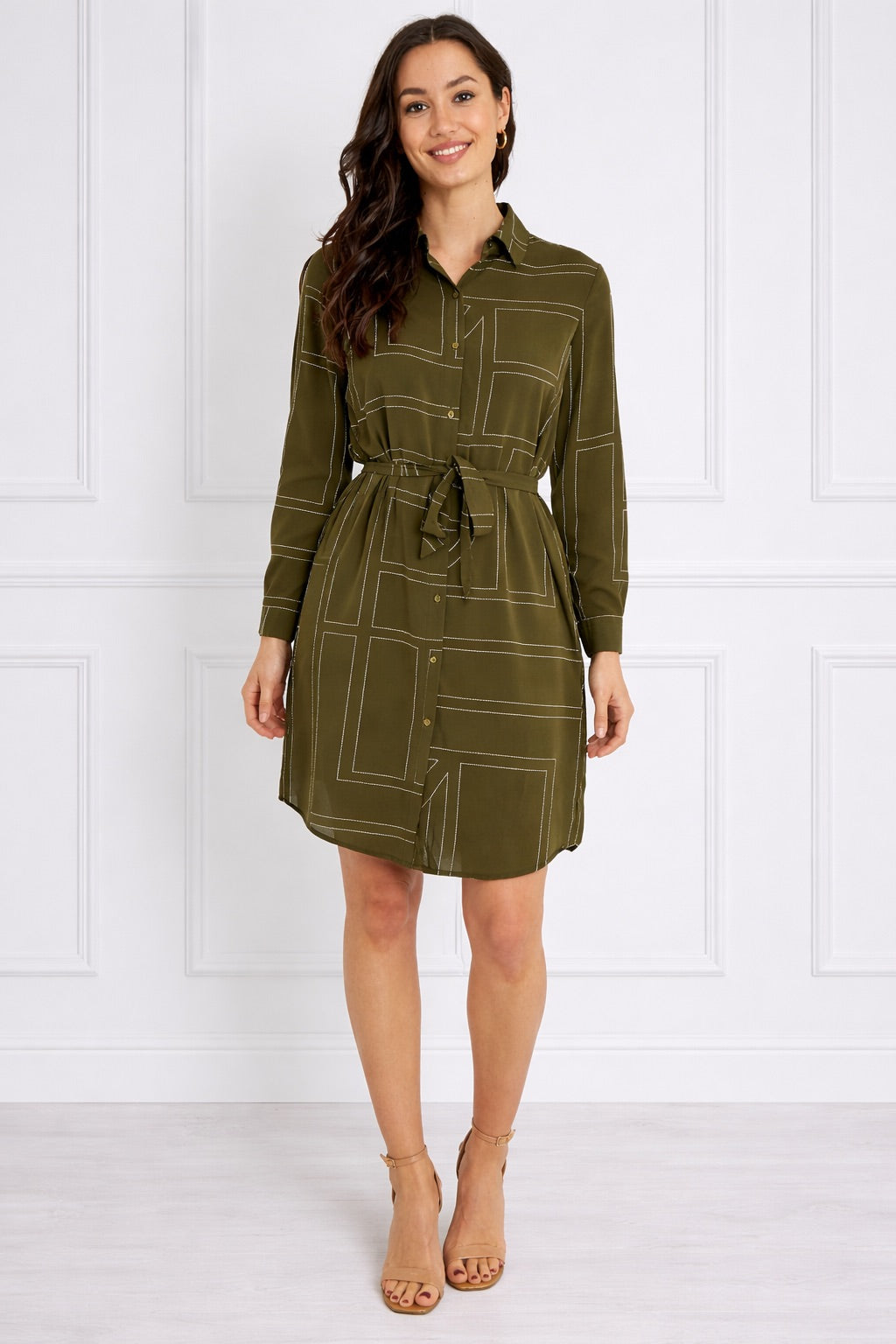 8Pcs Olive Geometric Print Belted Mini Shirt Dress