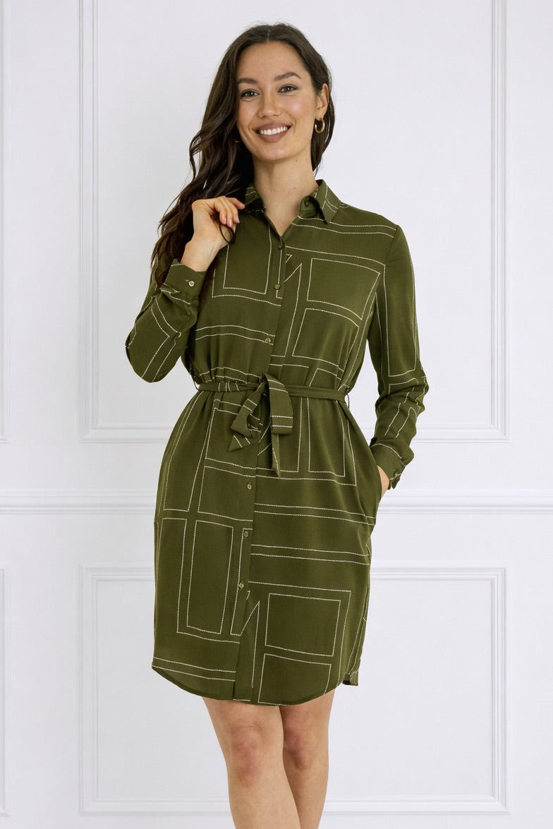 8Pcs Olive Geometric Print Belted Mini Shirt Dress