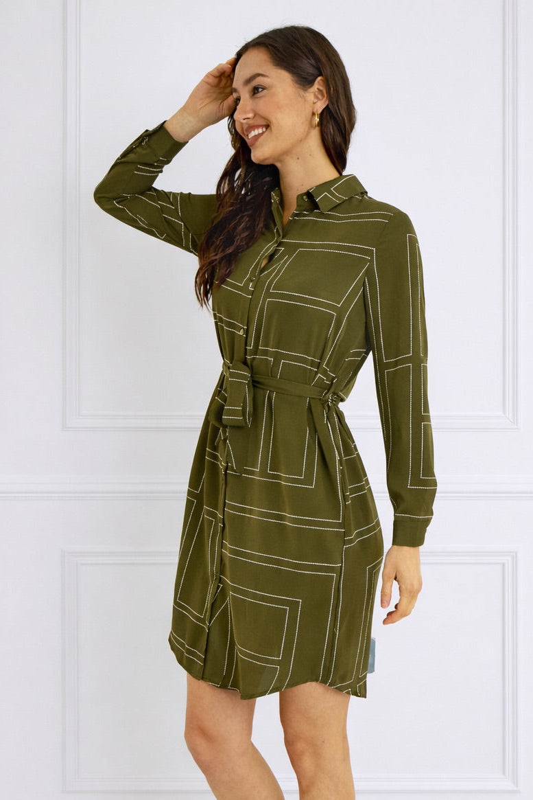 8Pcs Olive Geometric Print Belted Mini Shirt Dress