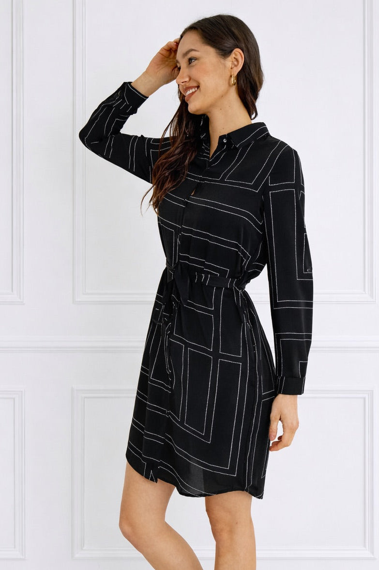 8Pcs Black Geometric Print Belted Mini Shirt Dress