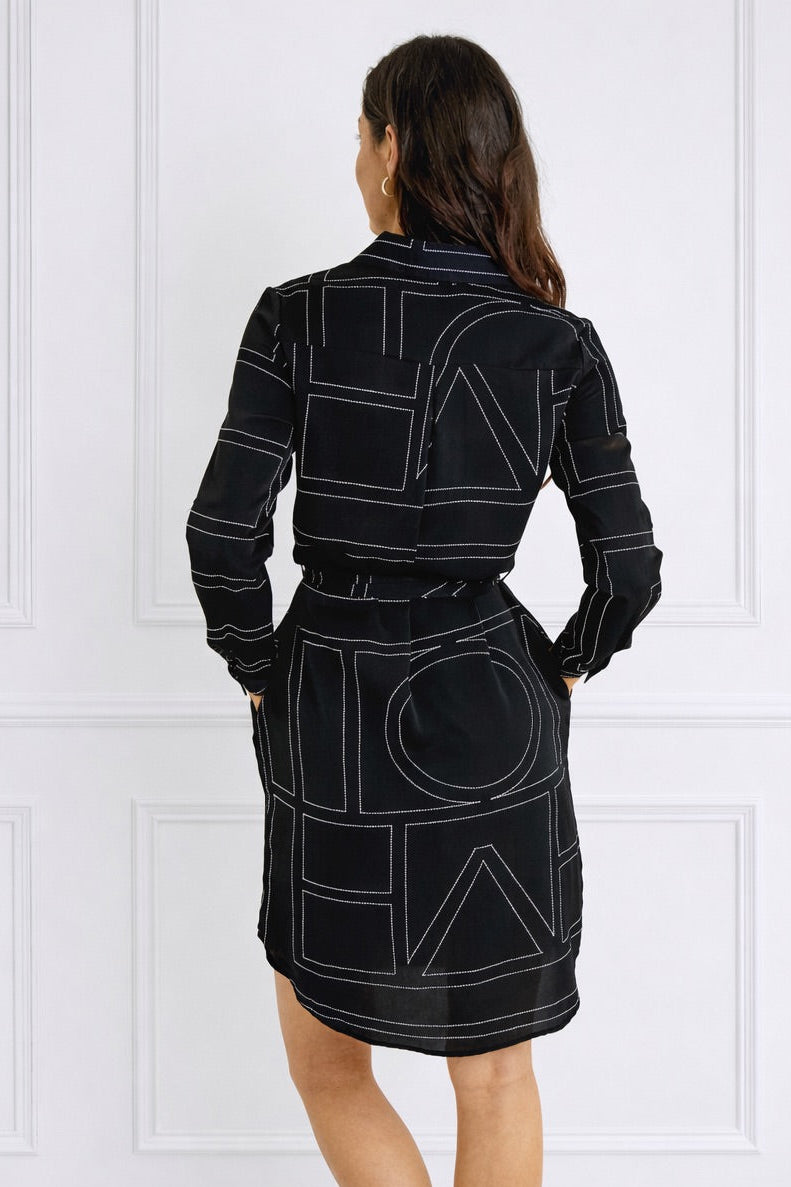 8Pcs Black Geometric Print Belted Mini Shirt Dress