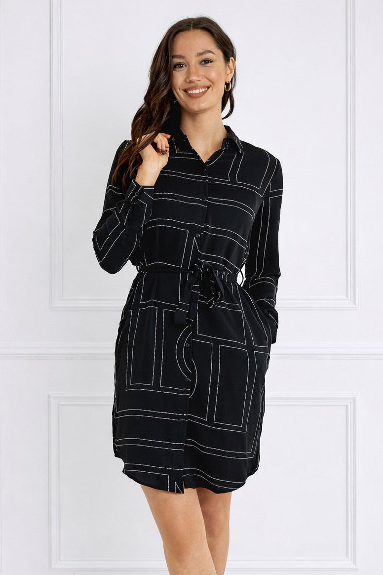 8Pcs Black Geometric Print Belted Mini Shirt Dress