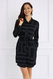 8Pcs Black Geometric Print Belted Mini Shirt Dress
