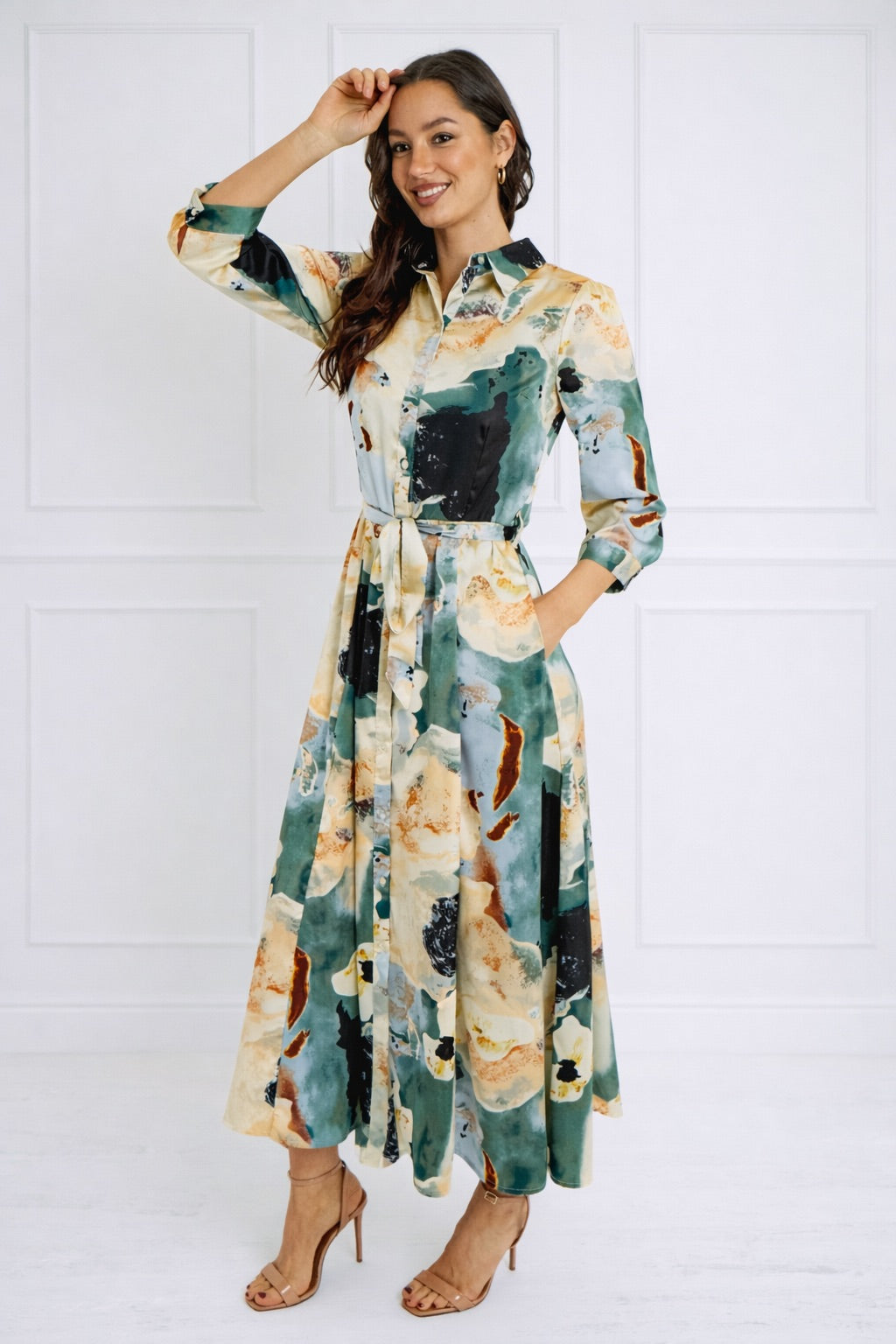 8Pcs Green Watercolor Print Satin Maxi Shirt Dress