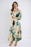 8Pcs Green Watercolor Print Satin Maxi Shirt Dress