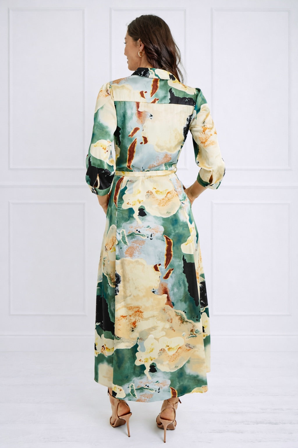 8Pcs Green Watercolor Print Satin Maxi Shirt Dress