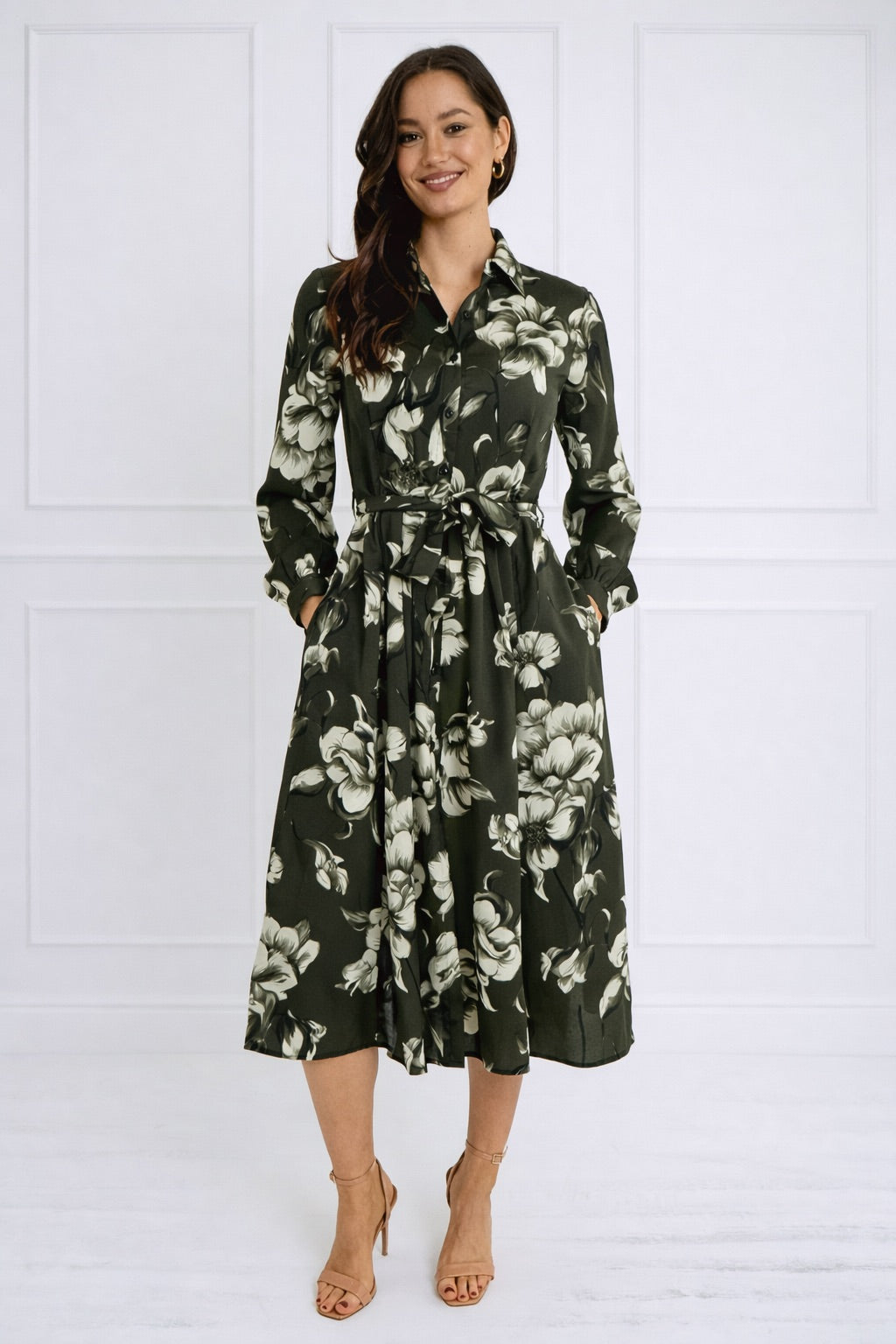 8Pcs Green Botanical Print Belted Midi Shirt Dress