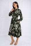 8Pcs Green Botanical Print Belted Midi Shirt Dress