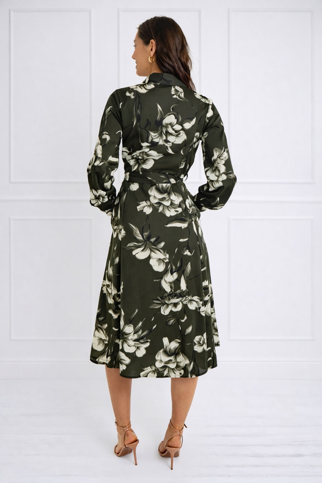 8Pcs Green Botanical Print Belted Midi Shirt Dress