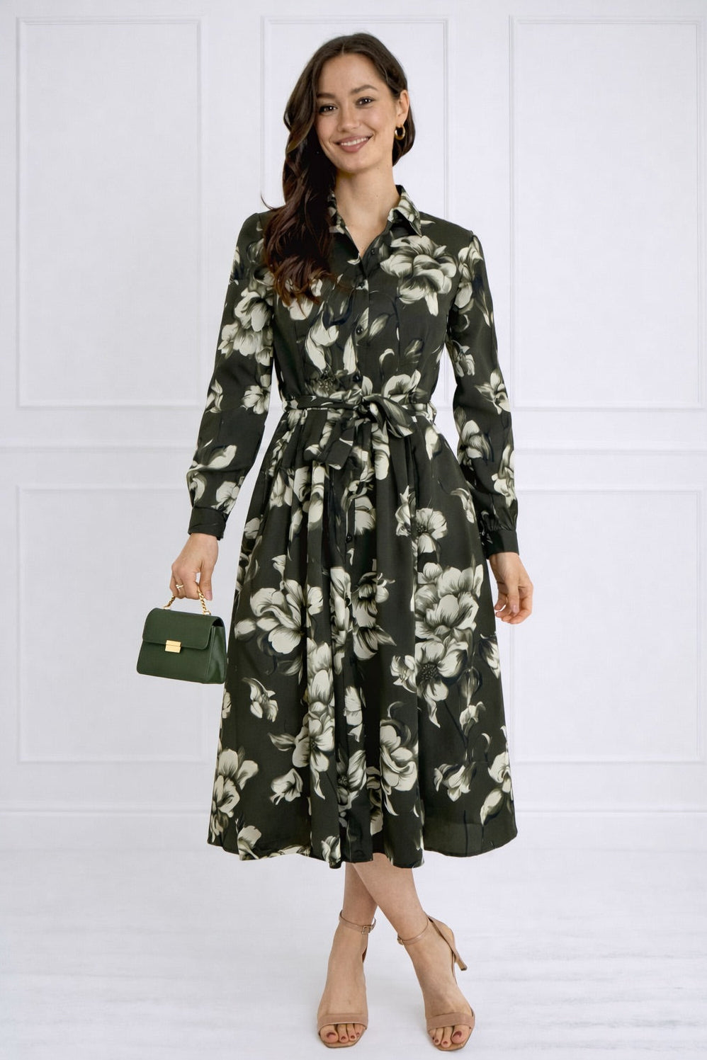 8Pcs Green Botanical Print Belted Midi Shirt Dress