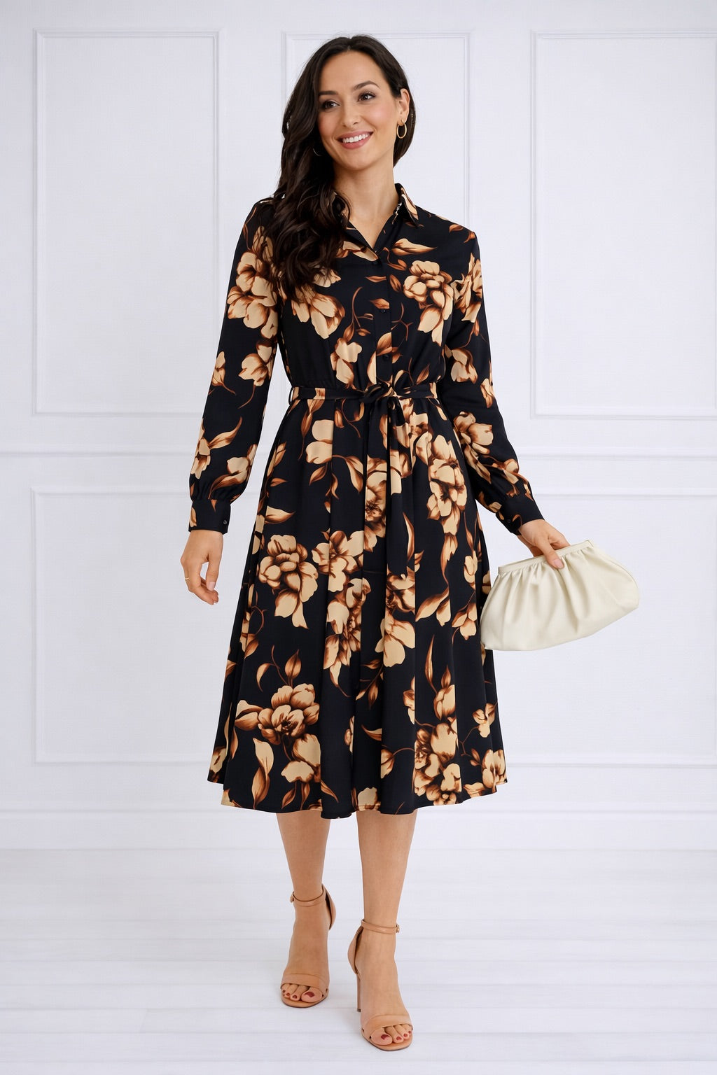 8Pcs Navy Botanical Print Belted Midi Shirt Dress