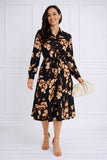 8Pcs Navy Botanical Print Belted Midi Shirt Dress