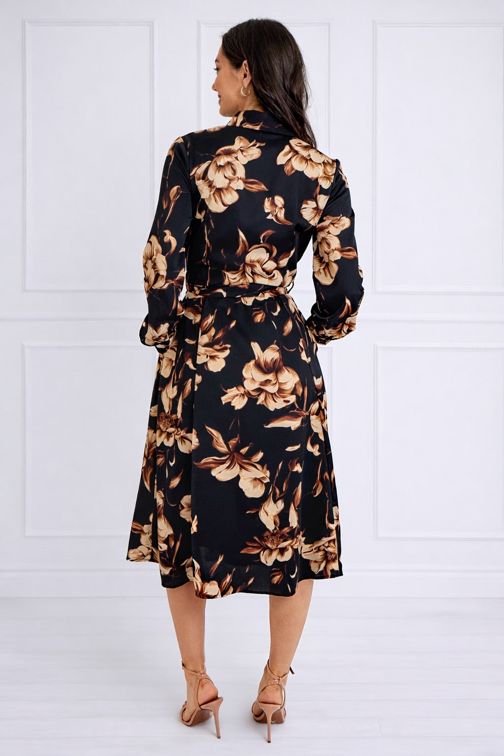 8Pcs Navy Botanical Print Belted Midi Shirt Dress