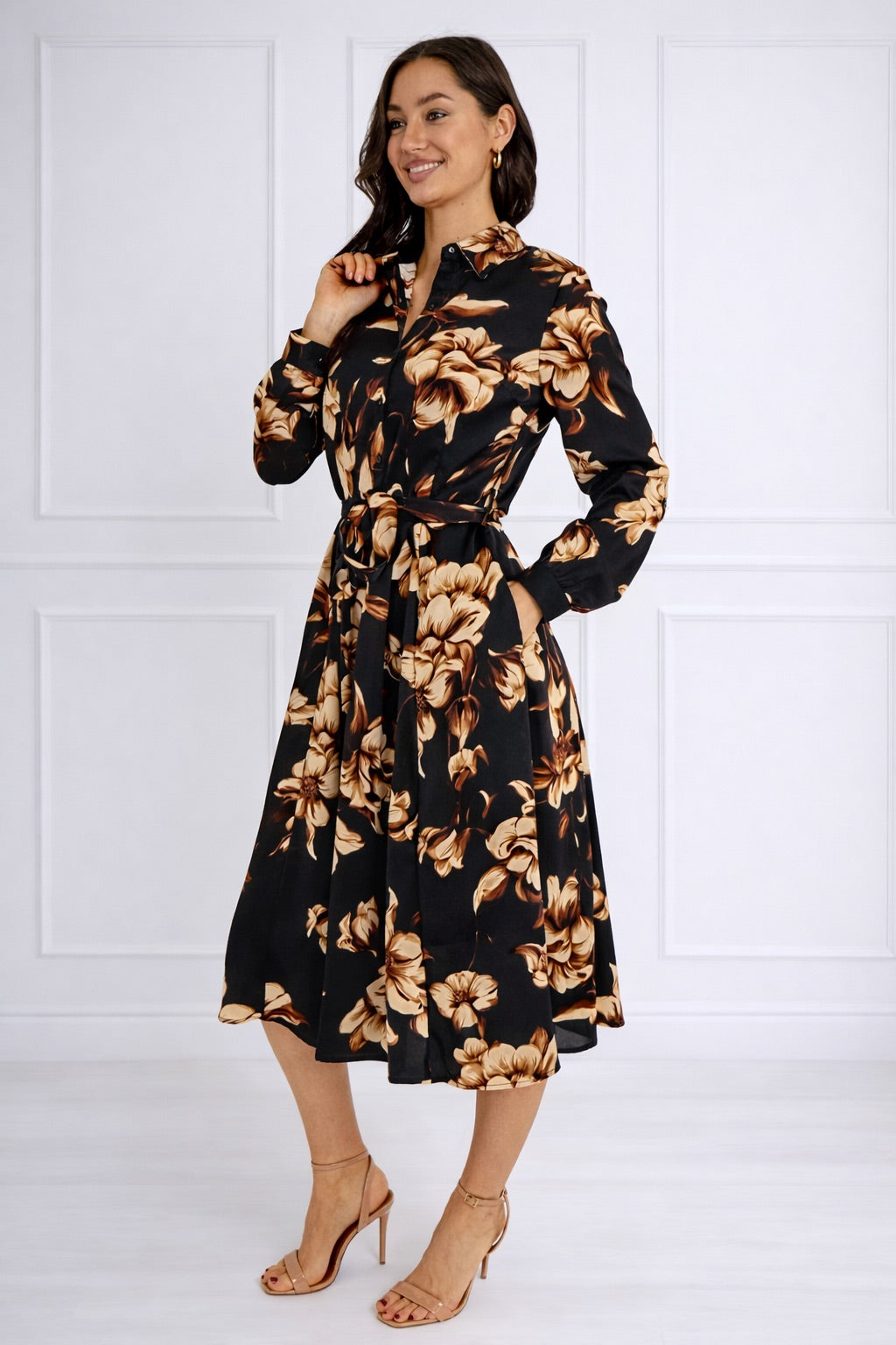 8Pcs Navy Botanical Print Belted Midi Shirt Dress