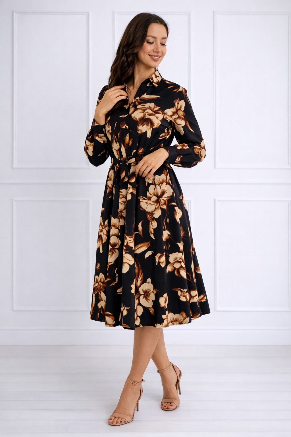 8Pcs Navy Botanical Print Belted Midi Shirt Dress