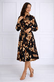 8Pcs Navy Botanical Print Belted Midi Shirt Dress