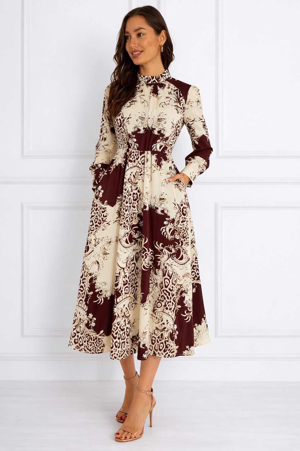 8Pcs Burgundy and Cream Baroque Print Pleated Skirt Maxi Dress