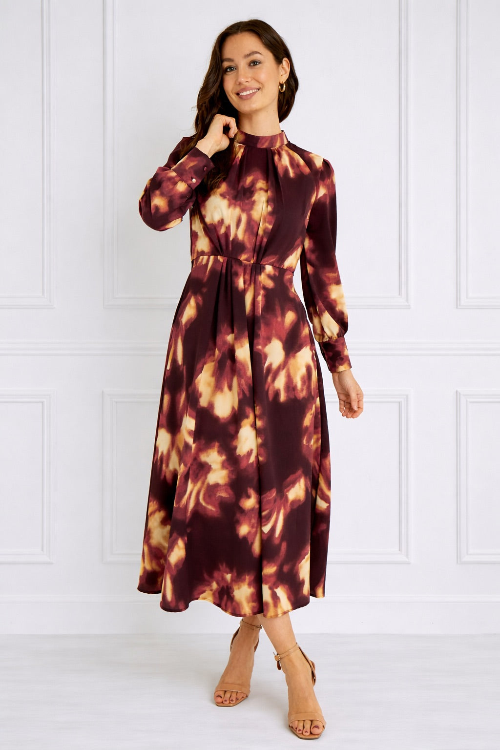 8Pcs Burgundy Tie-Dye Print Pleated Skirt Maxi Dress